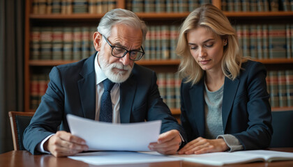 Experienced lawyer with grey beard, glasses studies documents with young female assistant in office. Bookshelves filled with law books in background. Teamwork, legal consultation for case