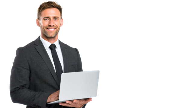 Man in Suit Holding Laptop and Smiling Professionally, cut out transparent
