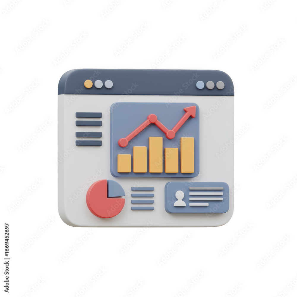 Fototapete 3d rendering of a web browser window displaying financial data and charts isolated on transparent background