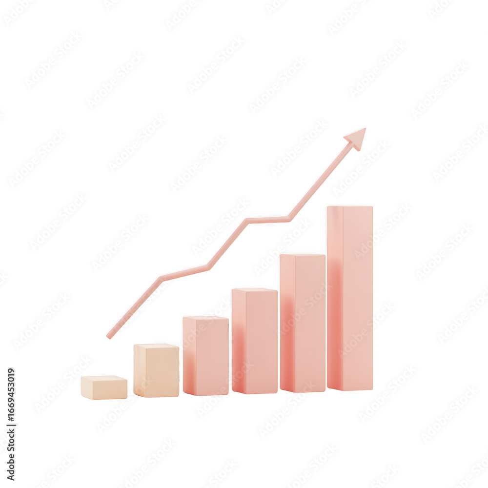 Poster 3d bar chart with upward trend line isolated on transparent background