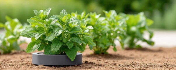 Fototapeta premium Green plants growing in soil with a focus on a potted herb in the foreground.
