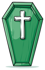 Obraz premium Hand drawn green coffin with a white Christian cross. Cartoon style funeral or Halloween illustration.