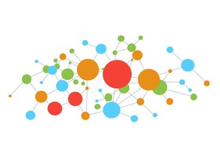 Colorful network connection diagram with abstract circles and lines, representing data visualization, social media, digital communication, and technology background on white