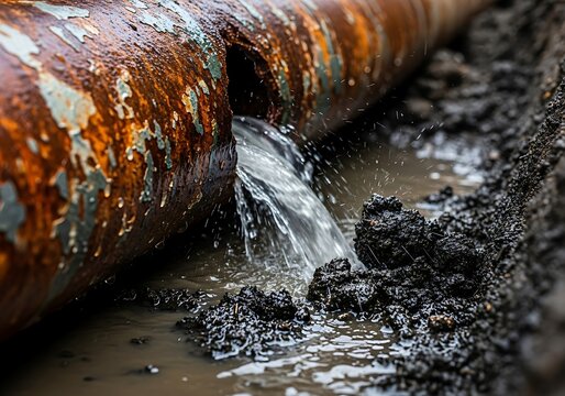 Leaking rusty pipe in muddy trench with water flowing