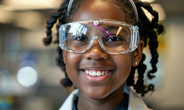 Young Black Girl Scientist Smiles in Lab Coat and Safety Glasses. Glasses girl scientist