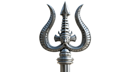 Ornate silver trident with detailed face carving and intricate structure, cut out transparent