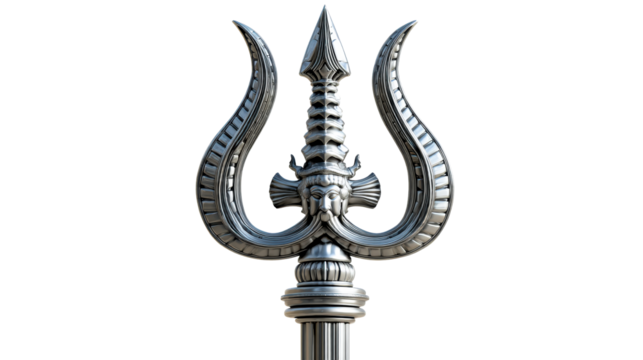 Ornate silver trident with detailed face carving and intricate structure, cut out transparent