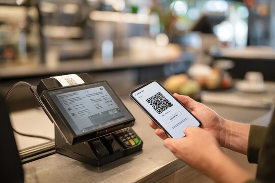 Individual using smartphone to make a contactless payment at a checkout counter in a bustling cafe during the afternoon stroll