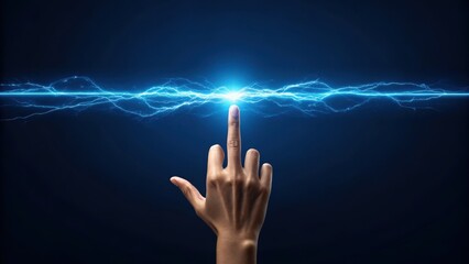 Human finger touches bright blue light energy beam connecting digital network futuristic technology concept
