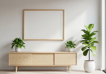 Modern living room with a wooden cabinet and plants