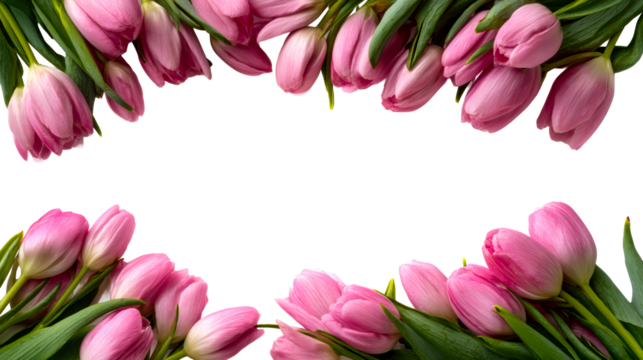 Group of Pink Tulips Border on White Background, cut out transparent