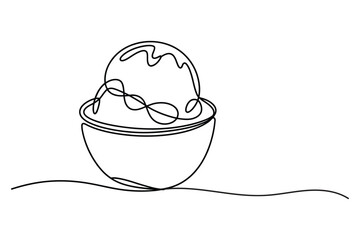Minimalist single line drawing of a delicious ice cream cone with swirling toppings in a cup on a white background