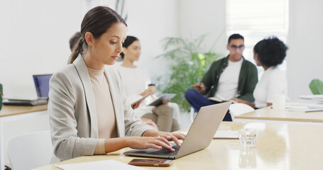 Typing, workplace or businesswoman with laptop for copywriting, news or research project. Startup,...