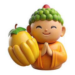 Cute cartoon baby buddha holding a yellow fruit isolated on transparent background