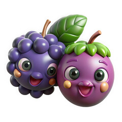 Cute cartoon purple grapes and plum characters smiling together isolated on transparent background