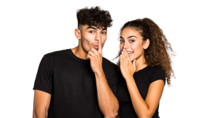 Young man and woman sharing a secret gesture on white background, cut out transparent