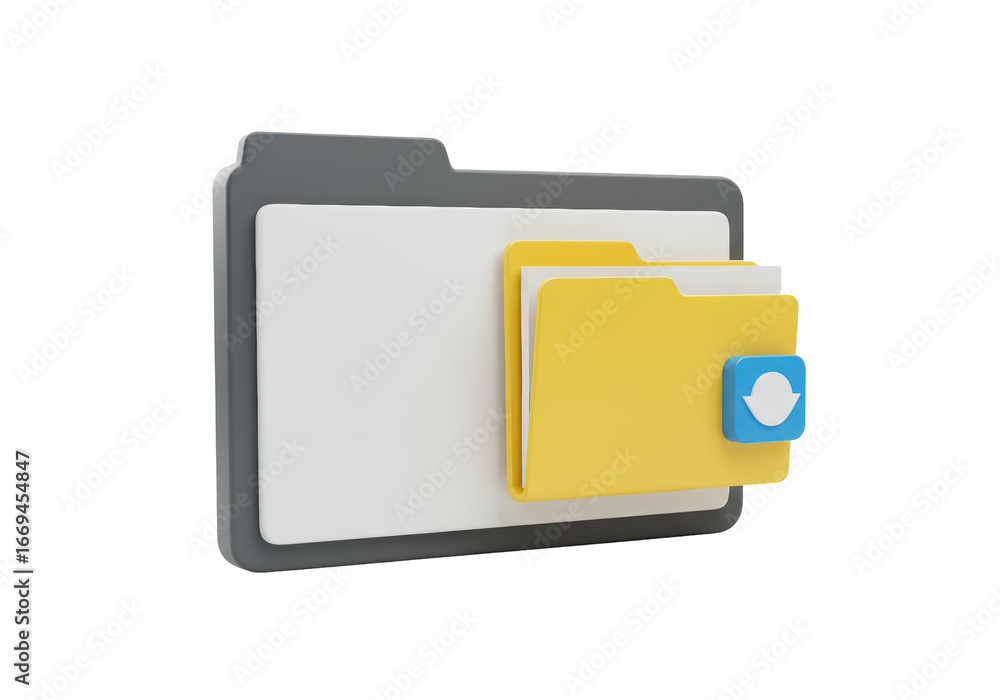 Poster isolated folder with download button, directory icon for data storage, file transfer