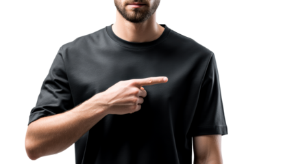 Man in Black T-shirt Points to Side with Index Finger Isolated on White, cut out transparent