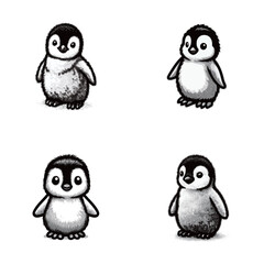 Fototapeta premium Four delightful penguin characters present in different poses, highlighting their adorable features and playful demeanor. Each penguin exhibits a unique expression and stance.