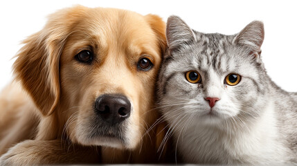 Close-up portrait of a golden retriever dog and a gray tabby cat side-by-side, cut out transparent