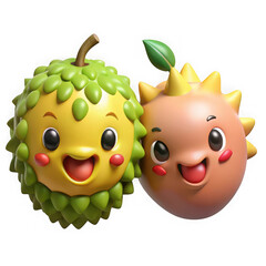 Two cute cartoon fruits smiling together isolated on transparent background