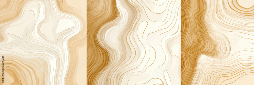 Poster set of four abstract minimalist vector posters with beige and caramel wavy contour lines resembling 