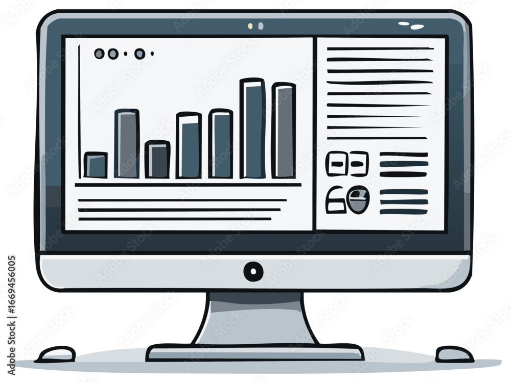 Fototapete cartoon desktop computer monitor displaying a bar chart and data illustration for digital analysis a