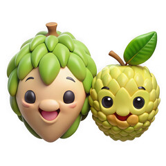 Two cute cartoon custard apples with smiling faces isolated on transparent background