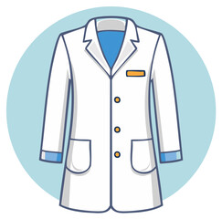 Flat illustration of a white lab coat with blue collar and cuffs and orange buttons