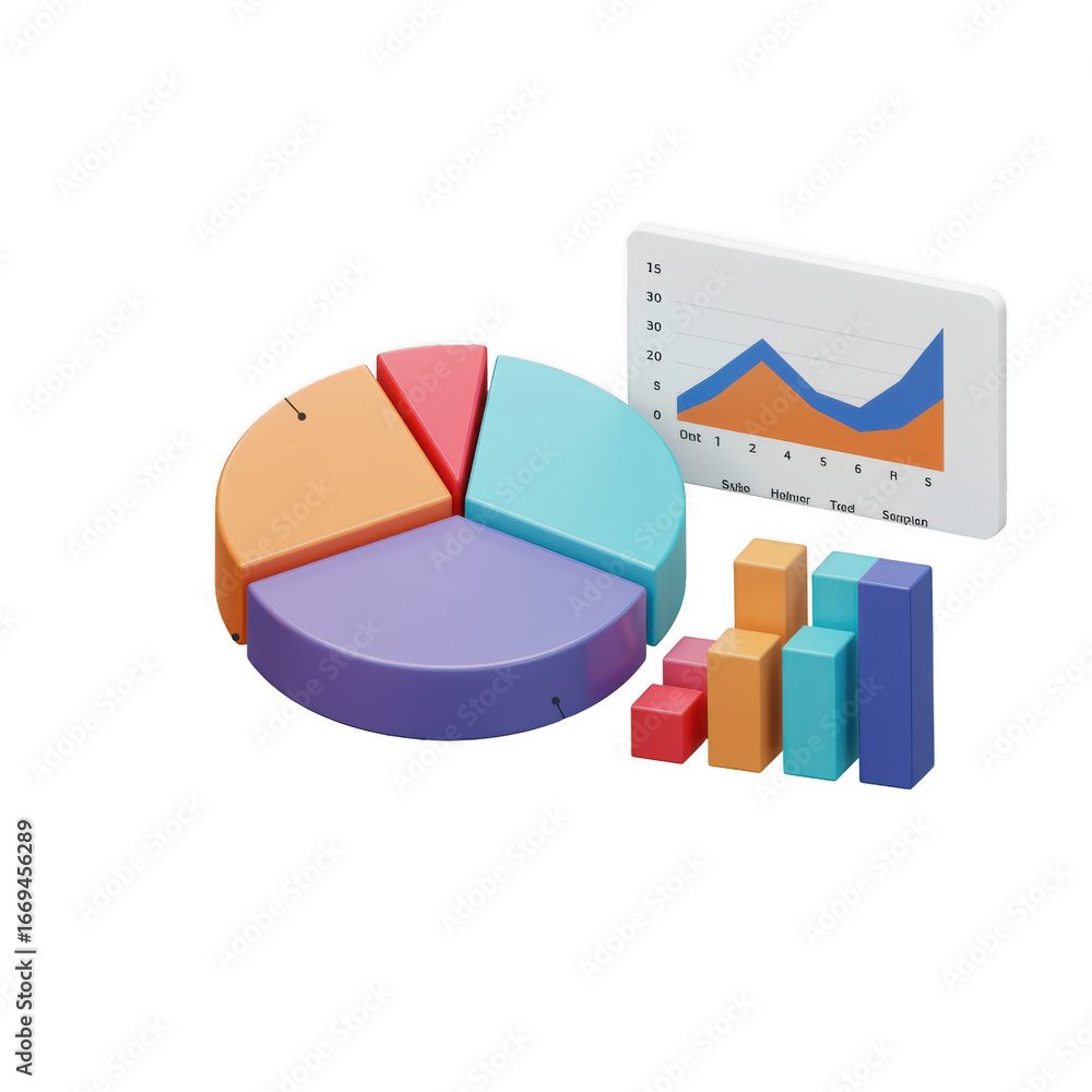 Fototapete 3d pie chart and bar graph with line chart isolated on transparent background