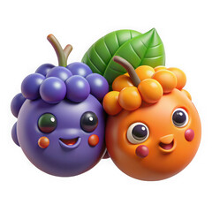 Cute cartoon purple grapes and orange fruit characters with happy faces isolated on transparent background