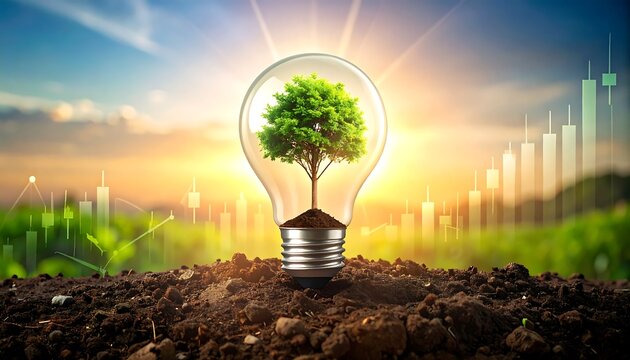 A vibrant sunset backdrop features a lightbulb planted in soil, containing a small tree, overlaid with subtle stock market graphs