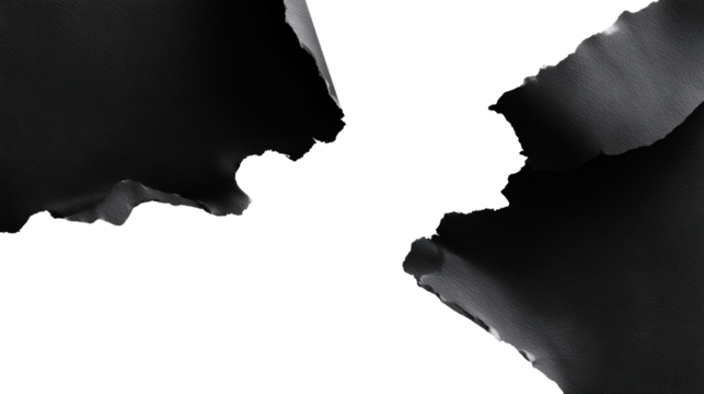 Torn black paper material with textured surface and soft shadows, cut out transparent