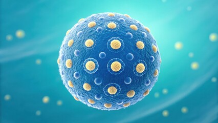 Abstract close-up view of a spherical microscopic organism with orange nuclei and blue exterior
