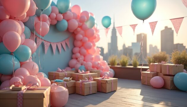 Gender reveal party setup with pink and blue balloons adorning a backdrop. Wrapped gifts and festive banners suggest a celebration of new life. City skyline in background under warm sunset light.