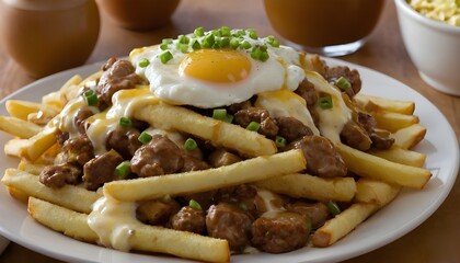 breakfast poutine with eggs, sausage and green onions on top	