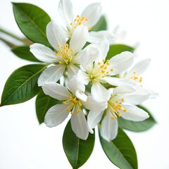 Obraz premium White honeysuckle blossoms with vibrant yellow stamens, green leaves against clean white background. Delicate botanical macro shot features natural beauty, offers sense of freshness, purity perfect
