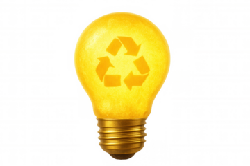 Illuminated lightbulb glowing with recycling symbol, representing green energy concept against transparent backdrop