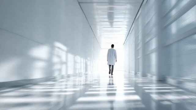 Pioneering Path: A figure in a pristine white lab coat walks confidently down a long, modern corridor, symbolizing progress and scientific discovery. The expansive space, awash in natural light.