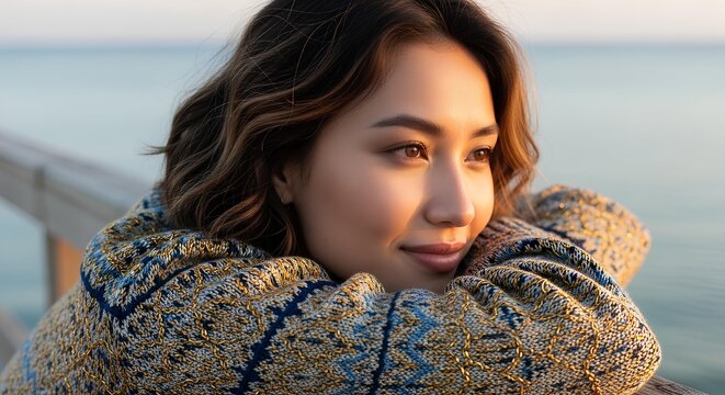 Relaxed Central Asian woman with short wavy hair wearing organic fiber knit sweater with golden and blue embroidery leaning on wooden railing by the sea - Powered by Adobe