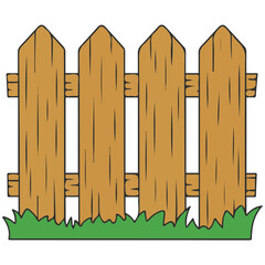 Wood cartoon fence with grass textured isolated vector illustration on white background