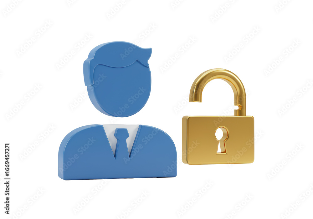 Poster isolated secure user access control with golden padlock and blue person icon