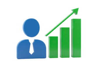 Isolated pictogram of business person with growth graph, chart, or arrow, symbol icon