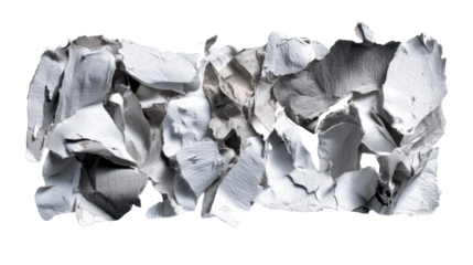 Torn grey paper pieces scattered on a white surface with shadow, cut out transparent