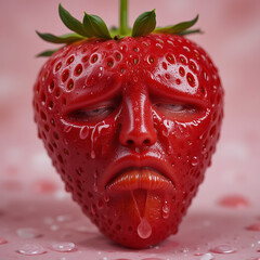 Sad Strawberry – A Realistic Strawberry with a Human Face Showing a Sad Expression
