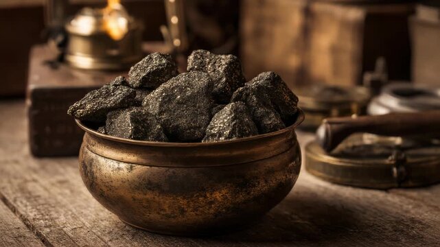 Still Life of Pyrite Stone, also known as Fool's Gold, Presented in a Bronze Bowl