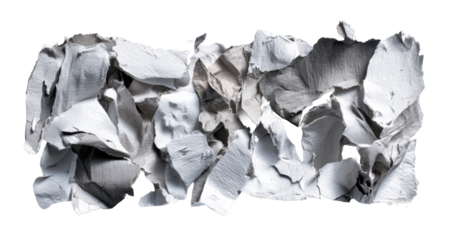 Torn grey paper pieces scattered on a white surface with shadow, cut out transparent