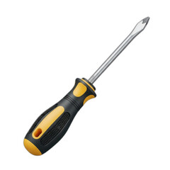 A single flat-head screwdriver with a black and yellow ergonomic handle and a metallic shaft, isolated on a white background.
