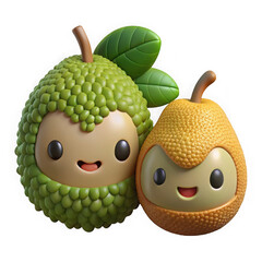 Cute cartoon durian and pear characters with happy faces isolated on transparent background