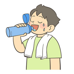 水筒で水を飲む男の子